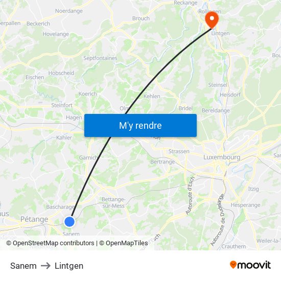 Sanem to Lintgen map