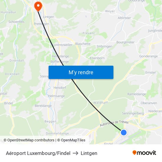 Aéroport Luxembourg/Findel to Lintgen map