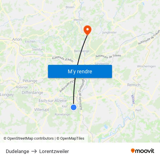 Dudelange to Lorentzweiler map