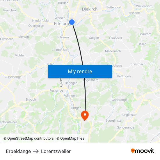 Erpeldange to Lorentzweiler map