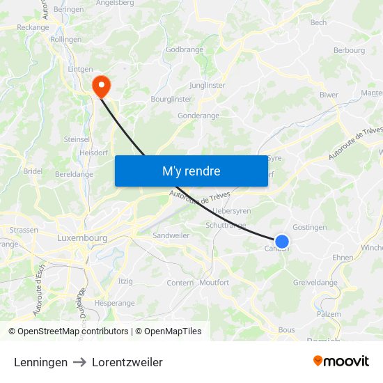 Lenningen to Lorentzweiler map