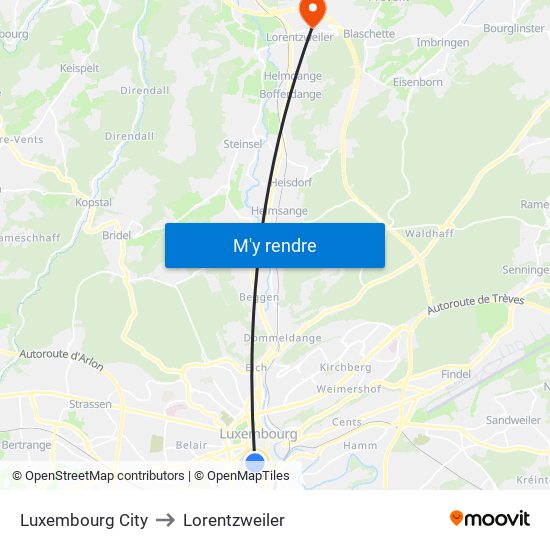 Luxembourg City to Lorentzweiler map