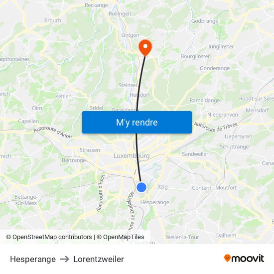 Hesperange to Lorentzweiler map