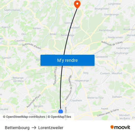 Bettembourg to Lorentzweiler map