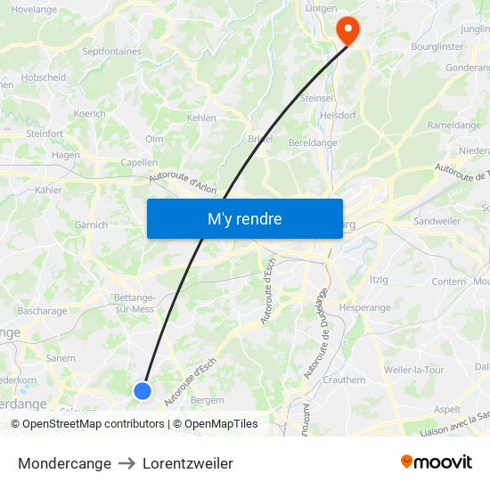 Mondercange to Lorentzweiler map