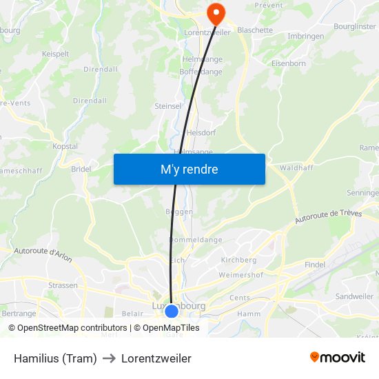 Hamilius (Tram) to Lorentzweiler map