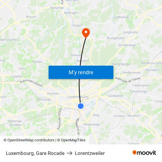 Luxembourg, Gare Rocade to Lorentzweiler map