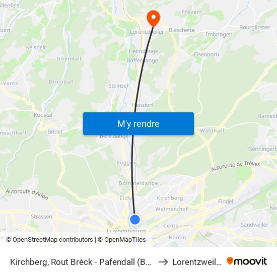 Kirchberg, Rout Bréck - Pafendall (Bus) to Lorentzweiler map