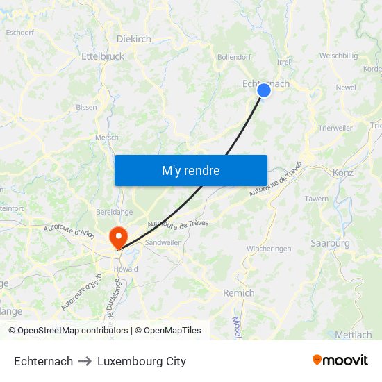 Echternach to Luxembourg City map