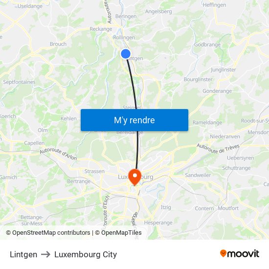 Lintgen to Luxembourg City map