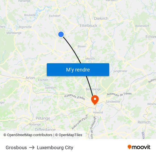 Grosbous to Luxembourg City map