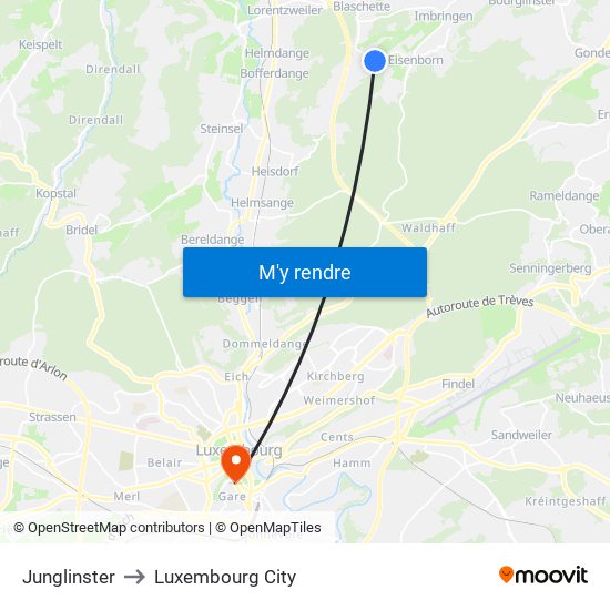 Junglinster to Luxembourg City map