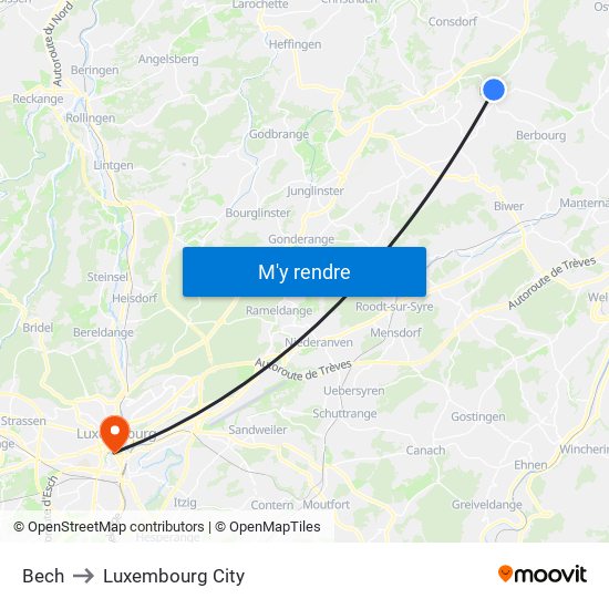 Bech to Luxembourg City map