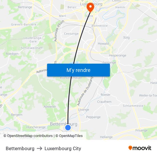 Bettembourg to Luxembourg City map