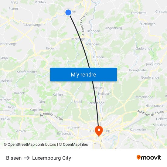 Bissen to Luxembourg City map