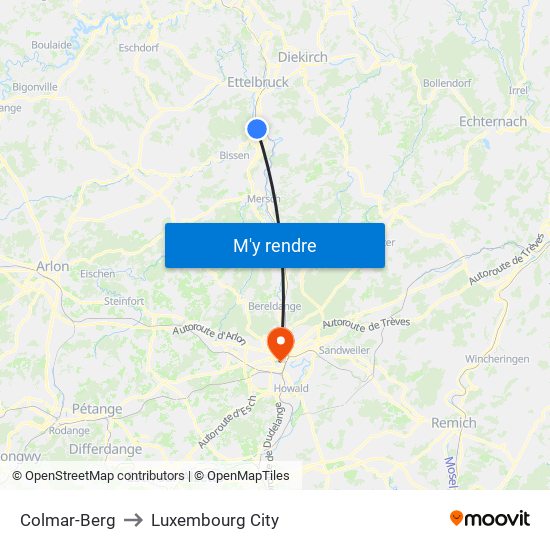 Colmar-Berg to Luxembourg City map