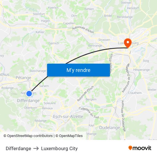 Differdange to Luxembourg City map