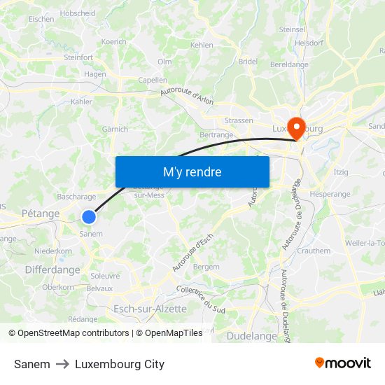 Sanem to Luxembourg City map