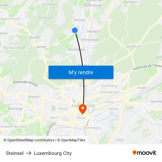 Steinsel to Luxembourg City map