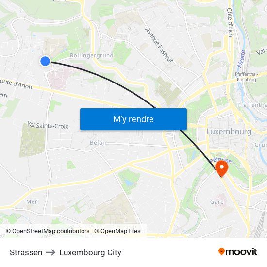 Strassen to Luxembourg City map