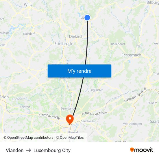 Vianden to Luxembourg City map