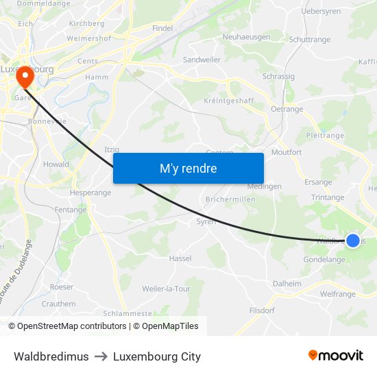 Waldbredimus to Luxembourg City map