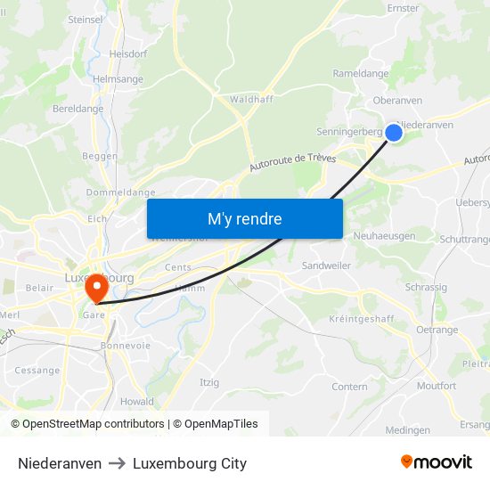 Niederanven to Luxembourg City map