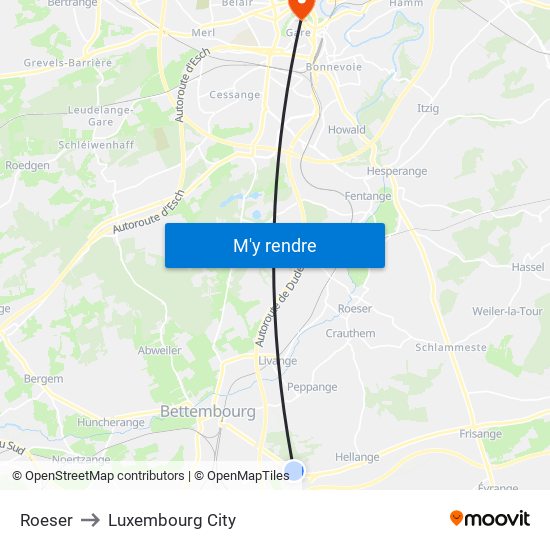 Roeser to Luxembourg City map