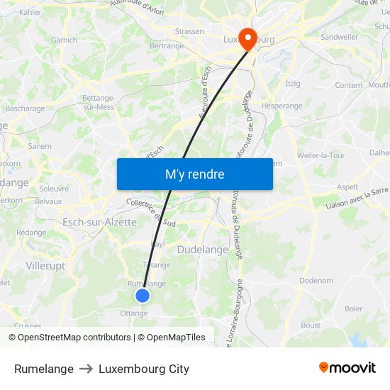 Rumelange to Luxembourg City map