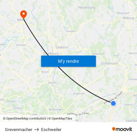 Grevenmacher to Eschweiler map