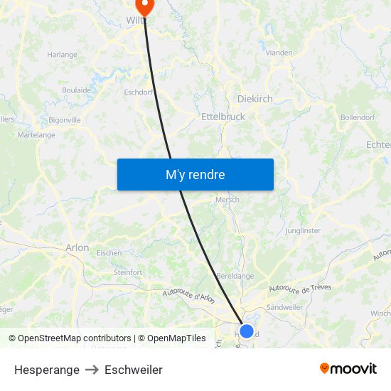 Hesperange to Eschweiler map