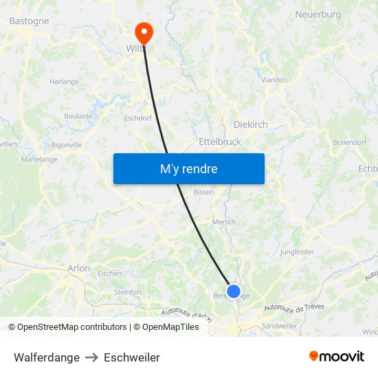 Walferdange to Eschweiler map