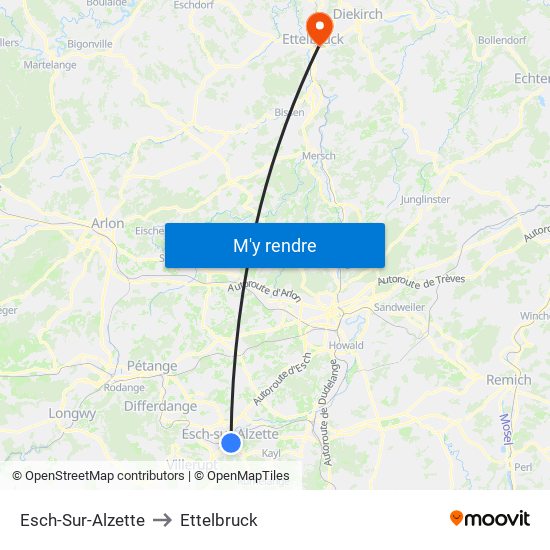 Esch-Sur-Alzette to Ettelbruck map
