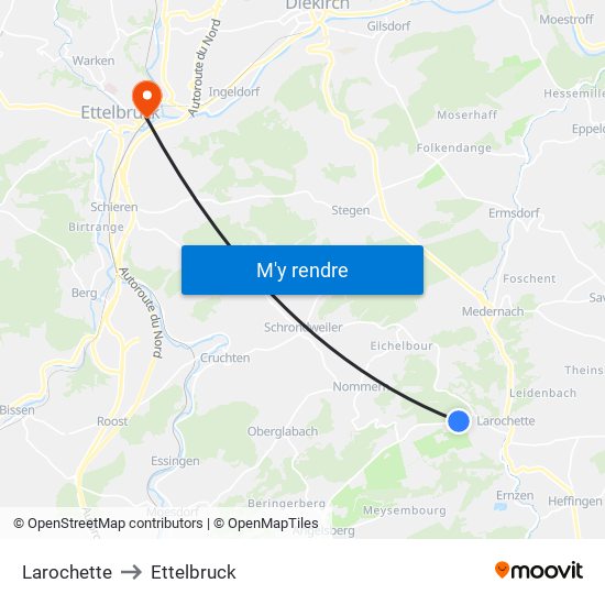 Larochette to Ettelbruck map