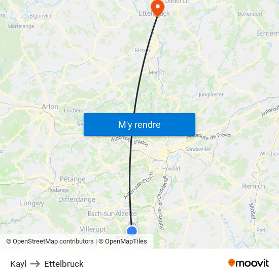 Kayl to Ettelbruck map