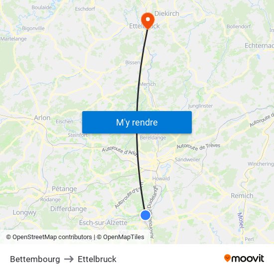 Bettembourg to Ettelbruck map