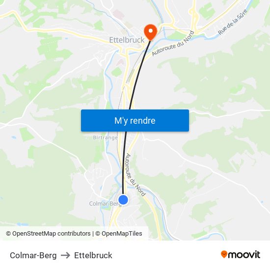 Colmar-Berg to Ettelbruck map