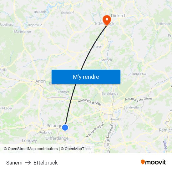 Sanem to Ettelbruck map