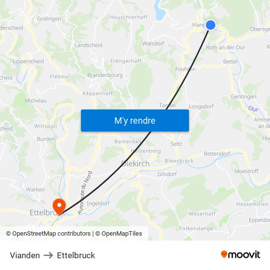 Vianden to Ettelbruck map