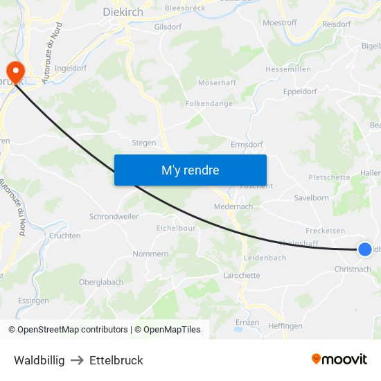 Waldbillig to Ettelbruck map