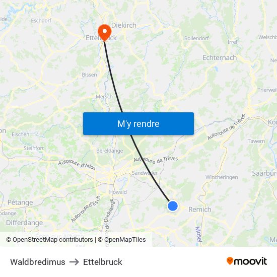 Waldbredimus to Ettelbruck map