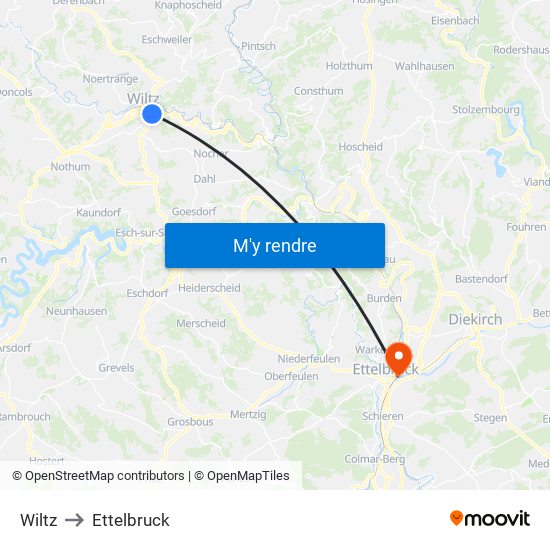 Wiltz to Ettelbruck map