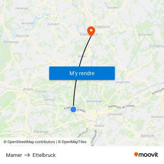 Mamer to Ettelbruck map