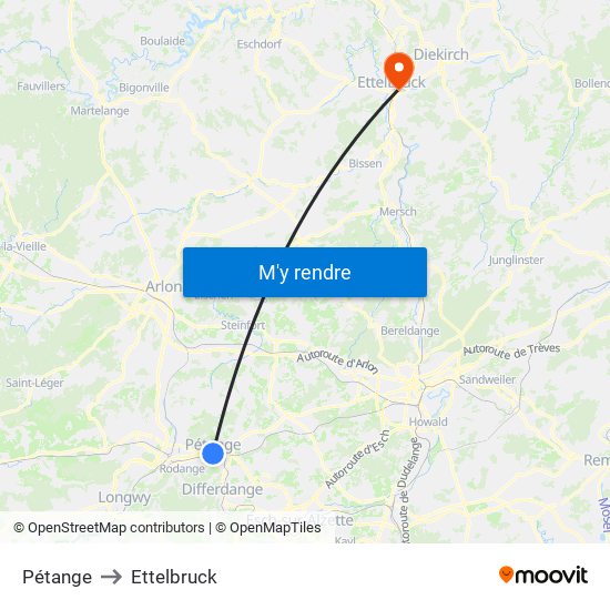 Pétange to Ettelbruck map