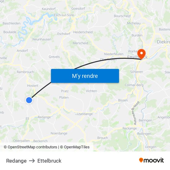 Redange to Ettelbruck map