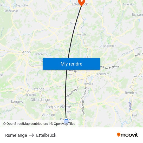 Rumelange to Ettelbruck map