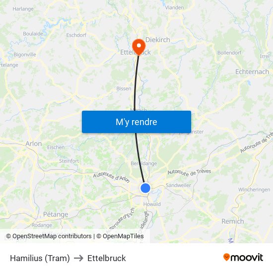 Hamilius (Tram) to Ettelbruck map