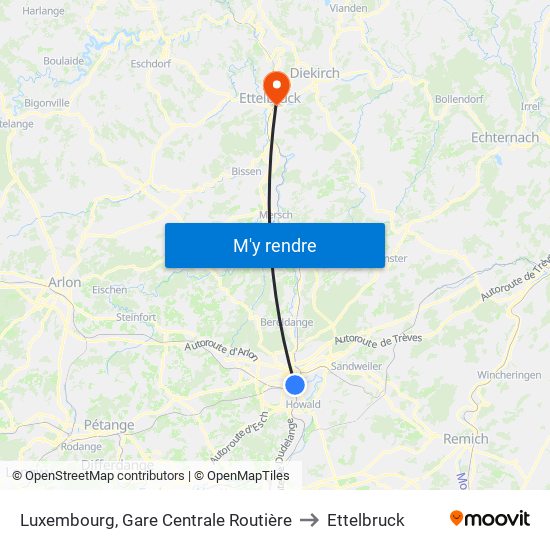 Luxembourg, Gare Centrale Routière to Ettelbruck map