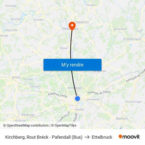 Kirchberg, Rout Bréck - Pafendall (Bus) to Ettelbruck map