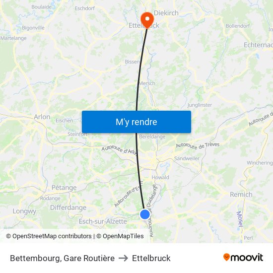 Bettembourg, Gare Routière to Ettelbruck map